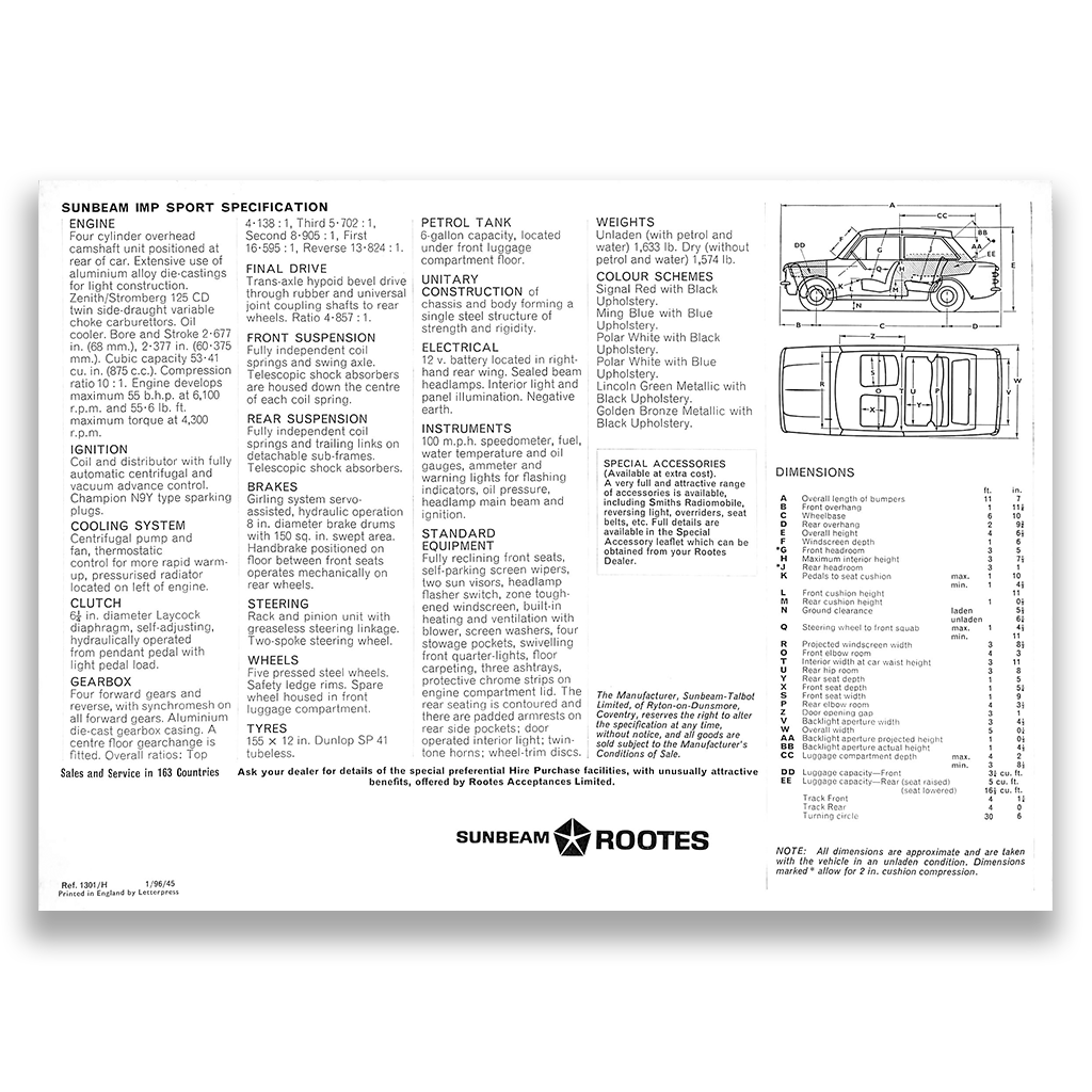 Sunbeam Imp Sport Car Sales Brochure 1301/H 1966-68