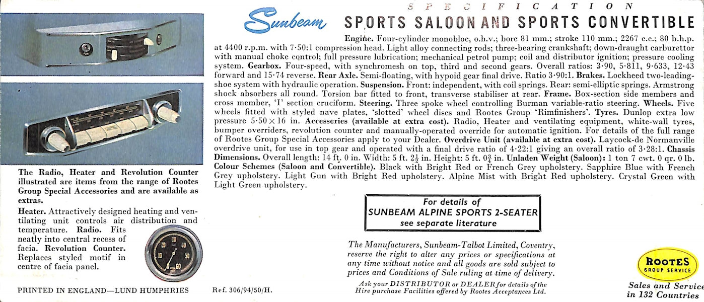 Sunbeam Sports Saloon & Sports Convertible Car Sales Brochure 306/94/50/H 1954 image 5