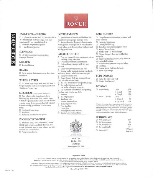 Rover Mini Monte Carlo Car Sales Brochure 1994 #4789 image 5