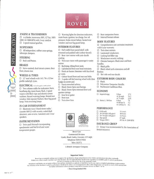 Rover Mini Rio Car Sales Brochure 1993 #4477 image 5