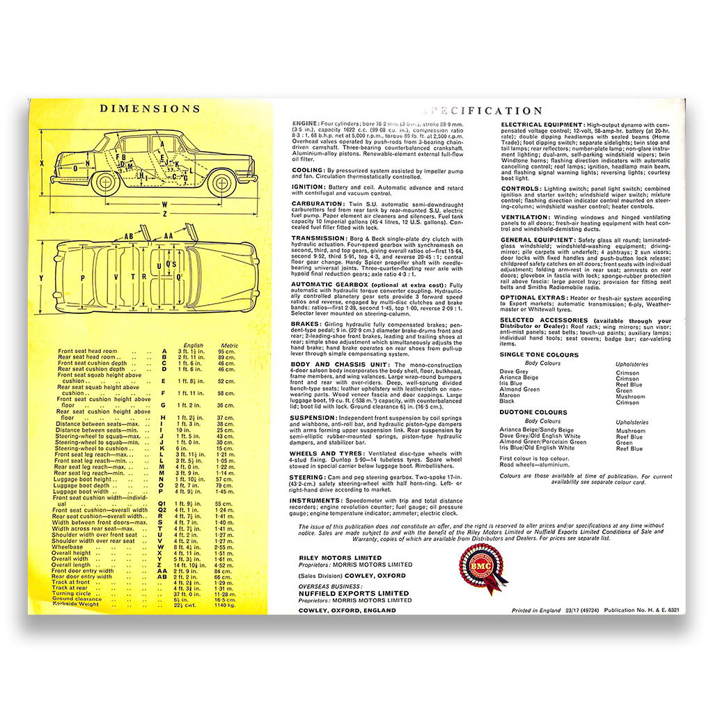 Riley 4/Seventy Two Car Sales Brochure #6321 1963