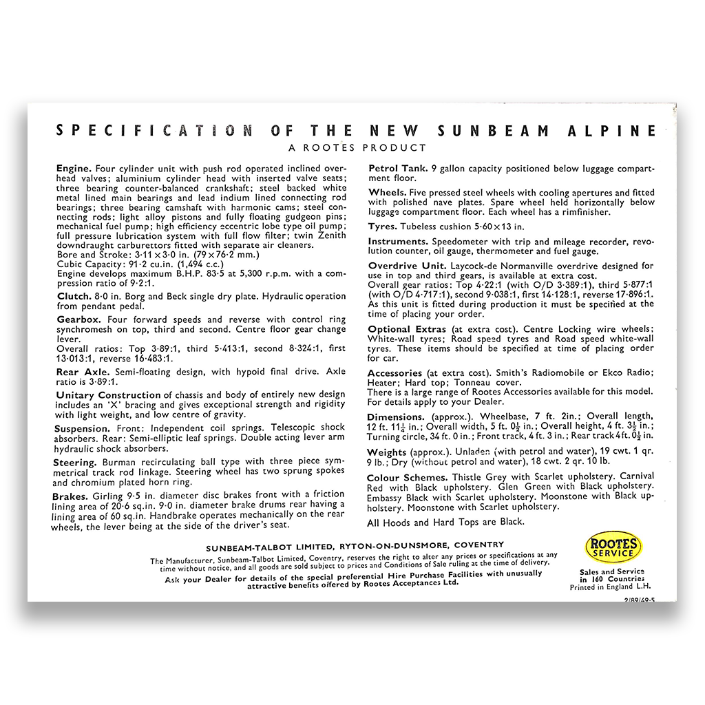 Sunbeam Alpine Series 1 Car Sales Brochure 638 H 1959