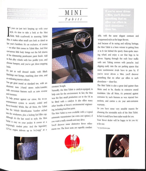 Rover Mini Tahiti Car Sales Brochure 1993 #4499 image 3