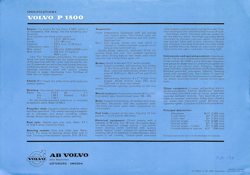 1960 Volvo P1800 Sales Sheet image 1