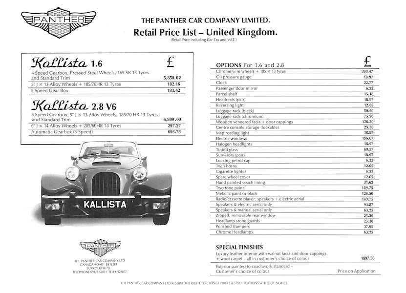 Panther Kallista Car Sales Brochure 1982 image 4