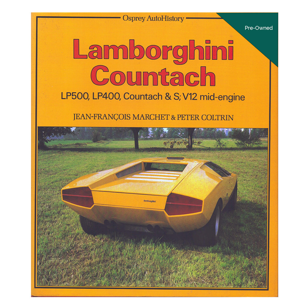 A book cover titled 'Lamborghini Countach' by Jean-Francois Marchet and Peter Coltrin, published by Osprey AutoHistory. The cover is predominantly yellow with red and black text, and features a photograph of a yellow Lamborghini Countach car parked in a grassy field.