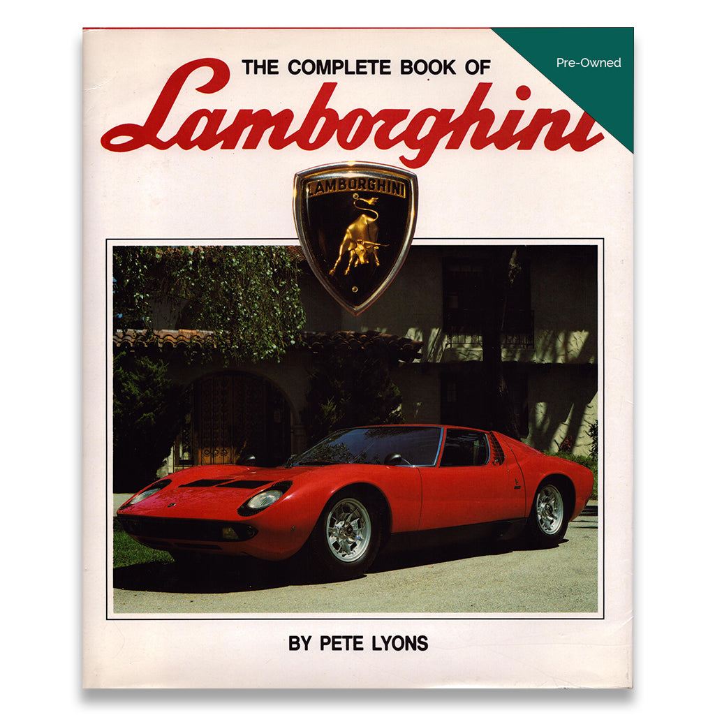 Book cover of 'The Complete Book of Lamborghini' with a red Lamborghini on the cover.