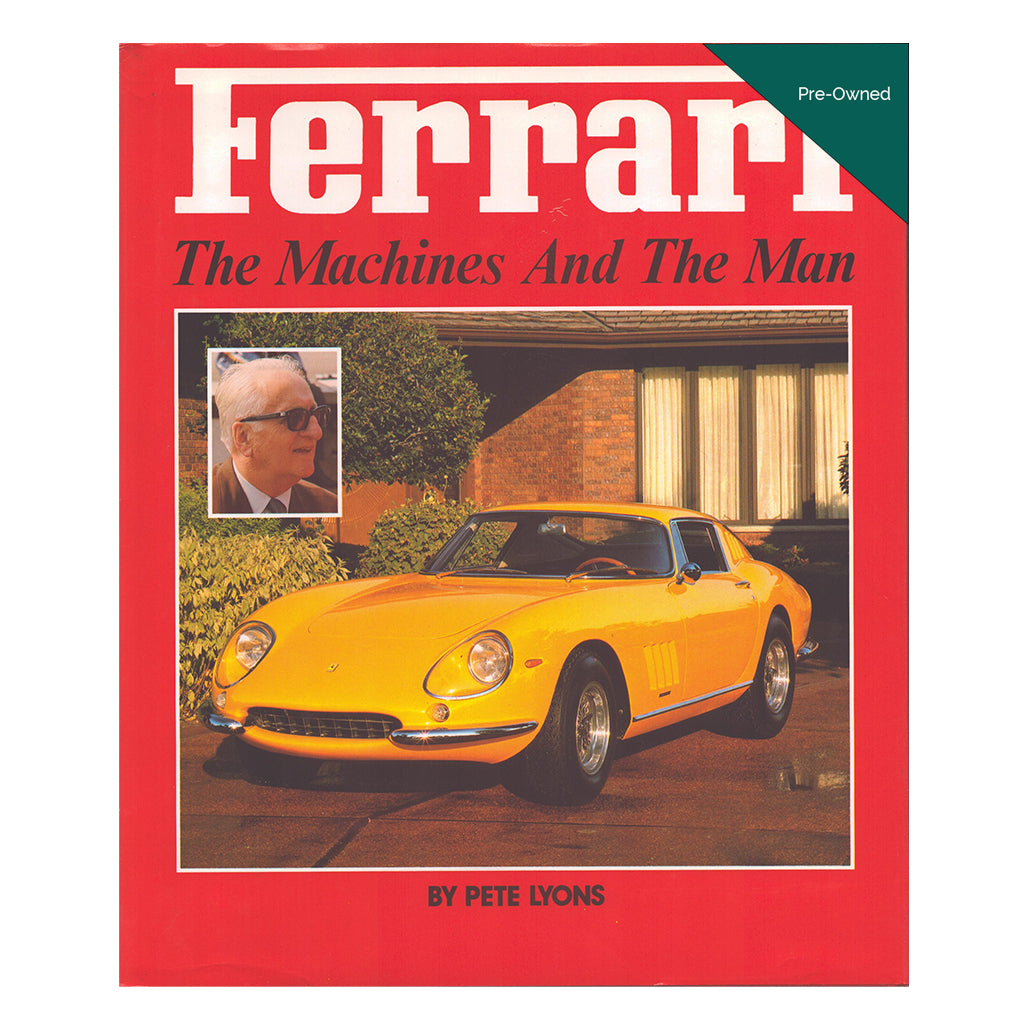 Book cover of 'Ferrari: The Machines And The Man' with a yellow Ferrari and a man's portrait.
