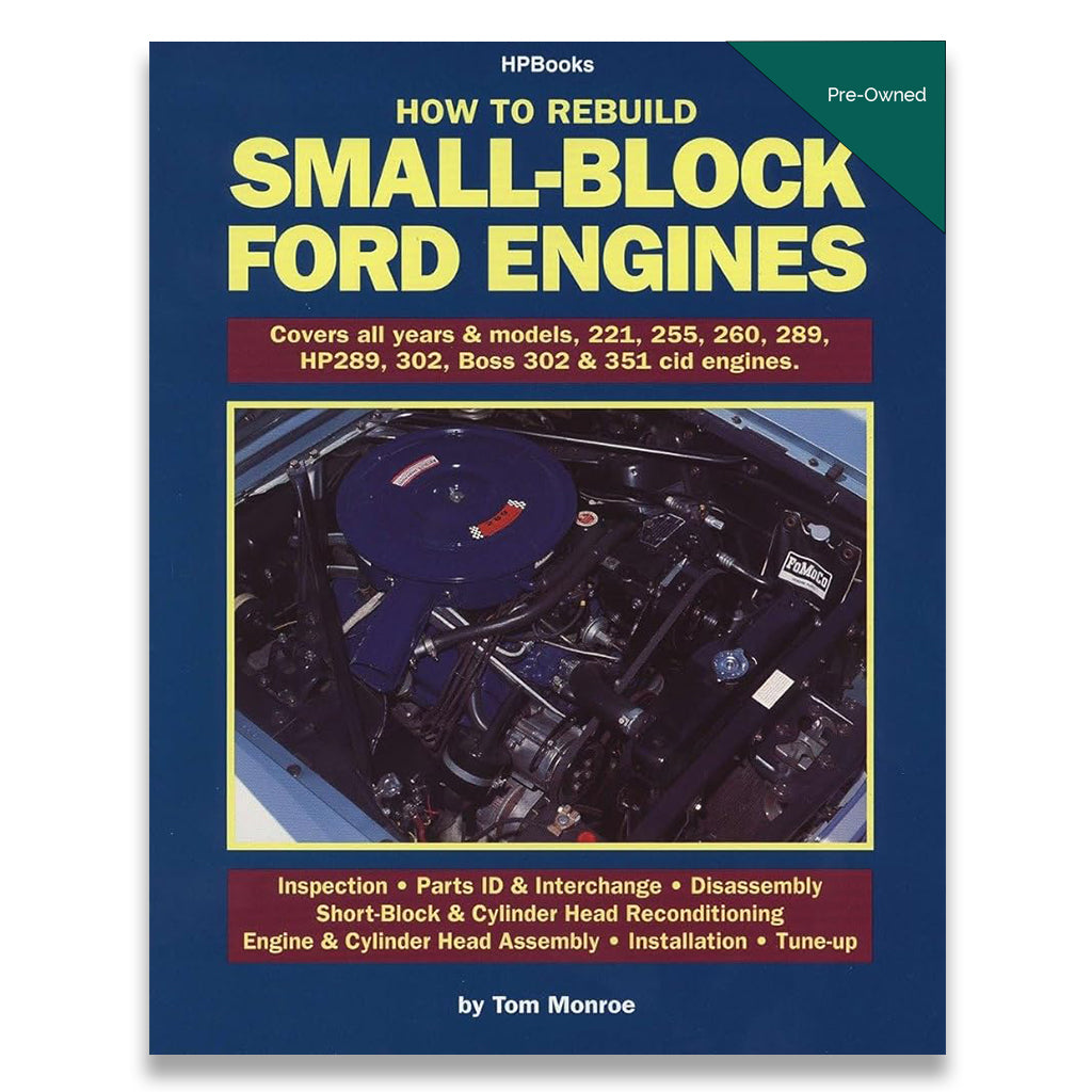Book cover of 'How to Rebuild Small-Block Ford Engines' with an engine image on a blue background.