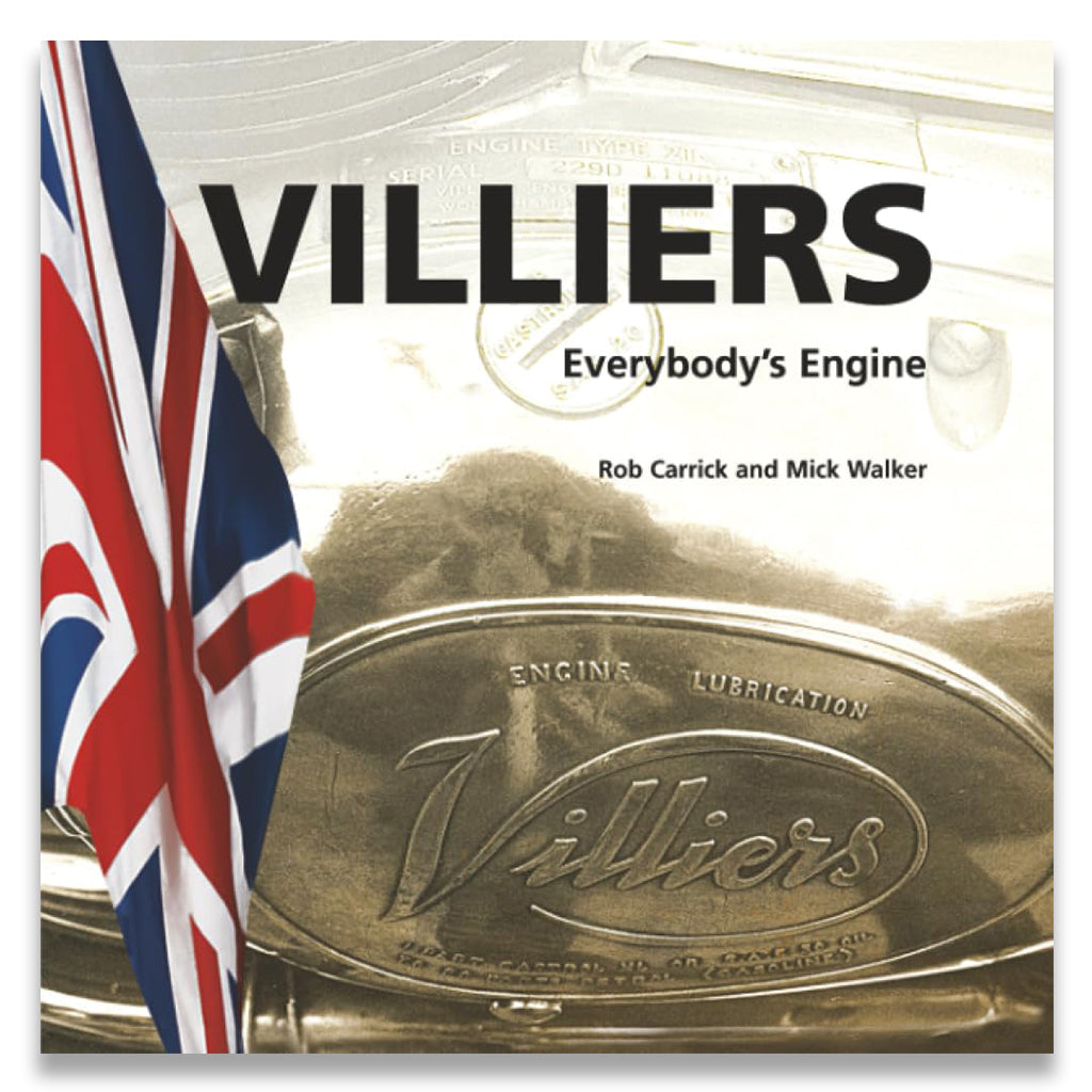 Book cover of 'Villiers: Everybody's Engine' with a Villiers engine and British flag.