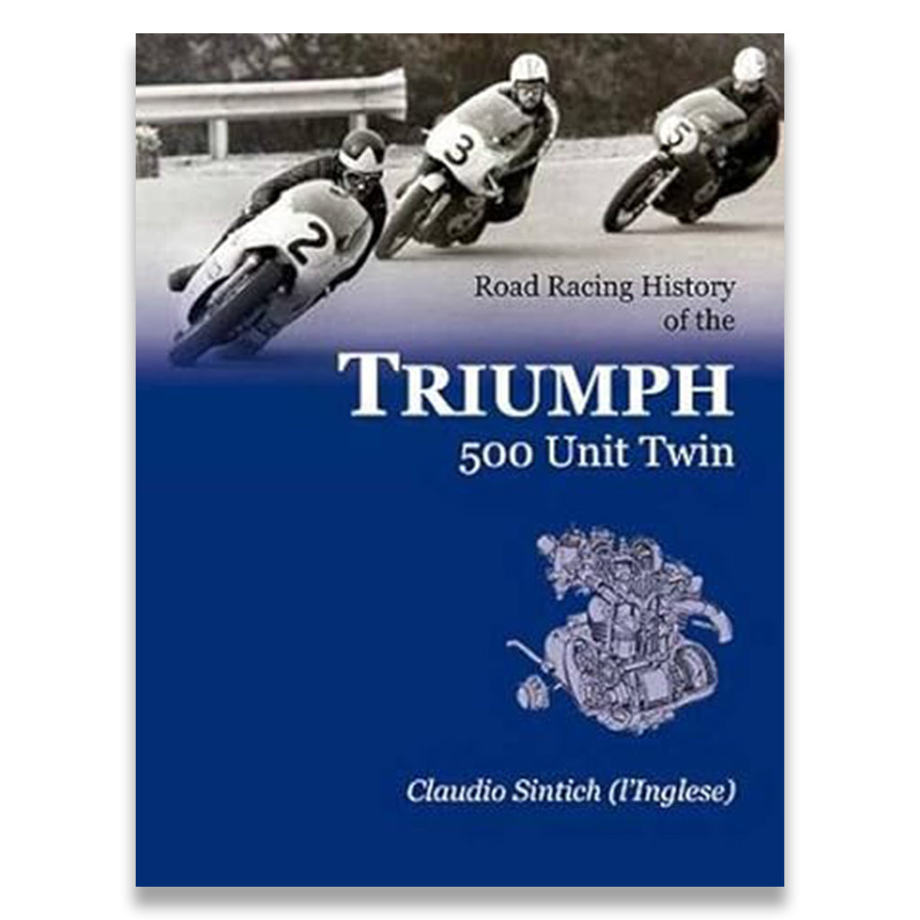 Book cover of 'Road Racing History of the Triumph 500 Unit Twin' with racing scene on blue background