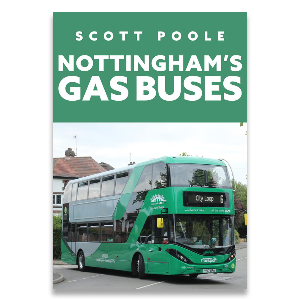 Book cover of 'Nottingham's Gas Buses' with a green bus on a white background