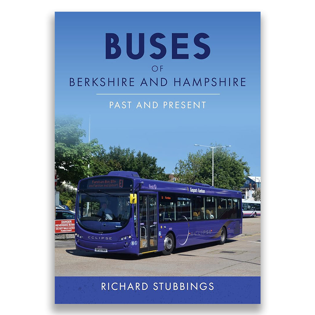 Book cover of 'Buses of Berkshire and Hampshire: Past and Present' by Richard Stubbings with a purple bus on a blue background.
