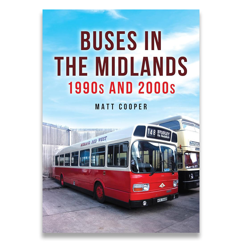 Book cover for 'Buses in the Midlands 1990s and 2000s' by Matt Cooper, featuring a red and white Midland Red West bus in front of a blue sky background.