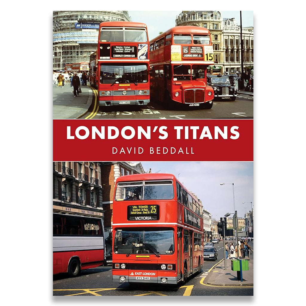 Book cover of 'London's Titans' with images of red double-decker buses on a city street.