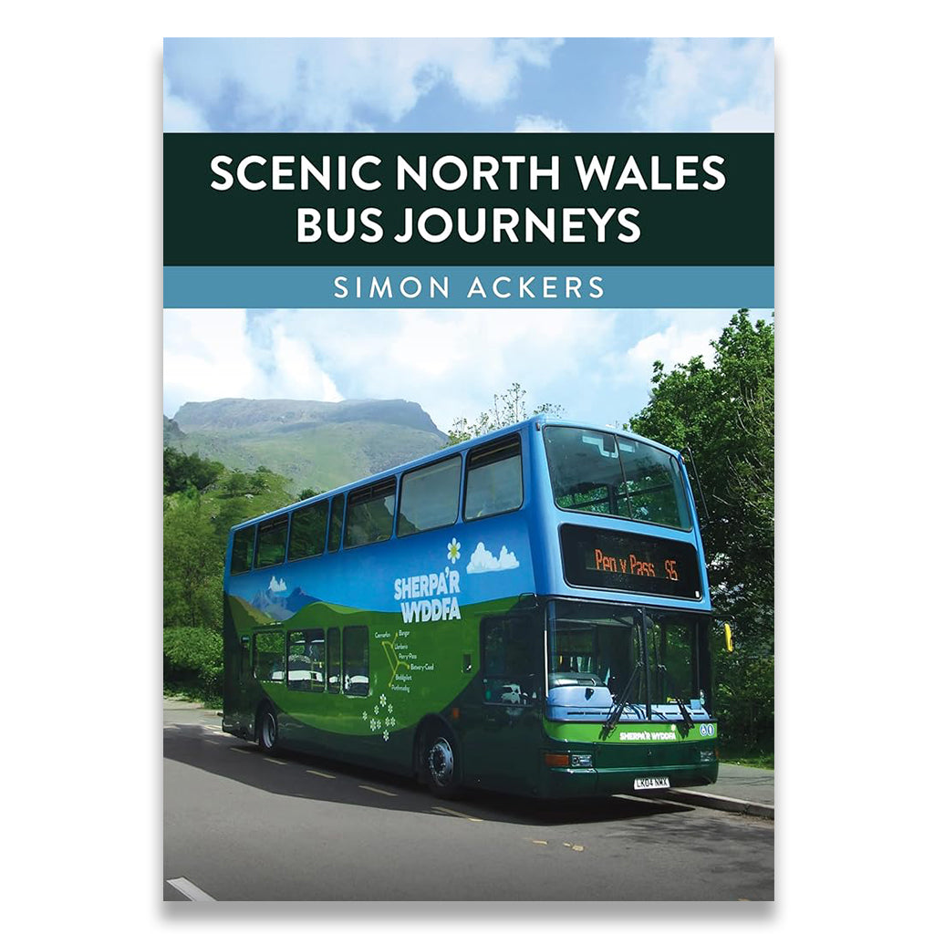 Book cover of 'Scenic North Wales Bus Journeys' with a double-decker bus on a scenic route.
