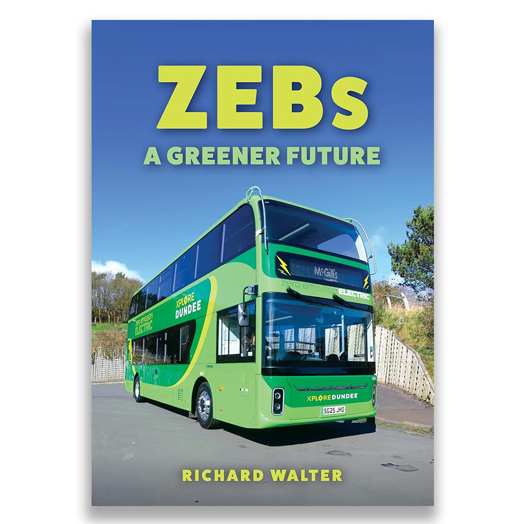 Book cover of 'ZEBs: A Greener Future' with a green bus on a road.