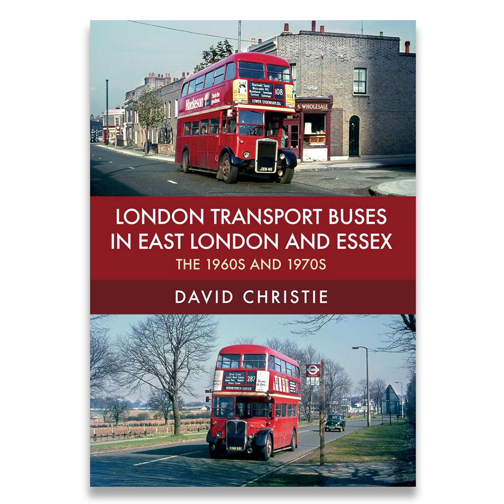 Book cover of 'London Transport Buses in East London and Essex' by David Christie featuring images of red buses.