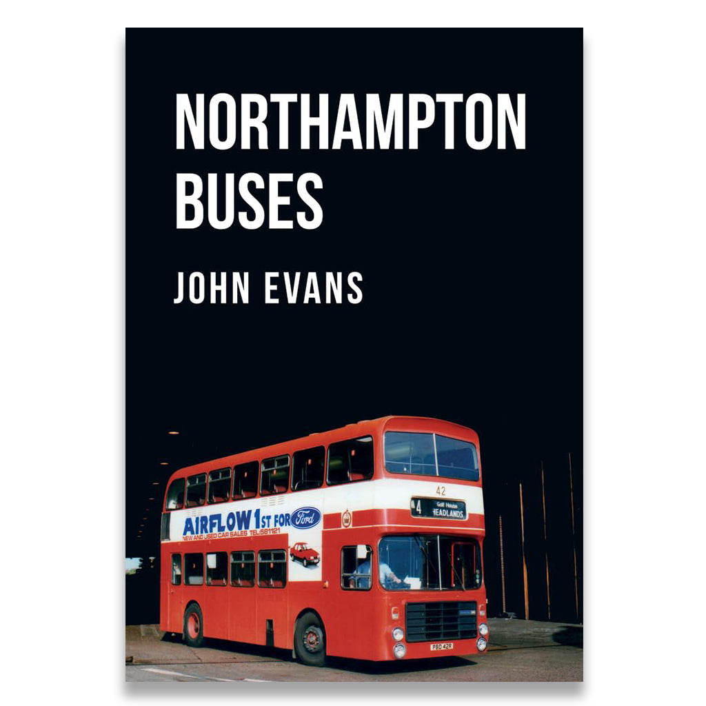 Book cover of 'Northampton Buses' by John Evans with a red double-decker bus on a black background.