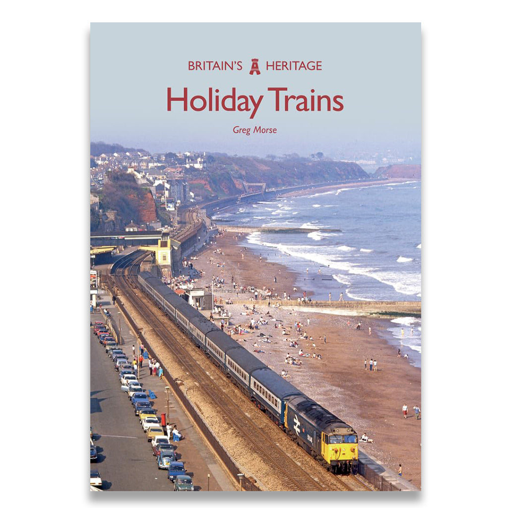 Book cover of 'Holiday Trains' by Greg Morse with a scenic train on a beach.