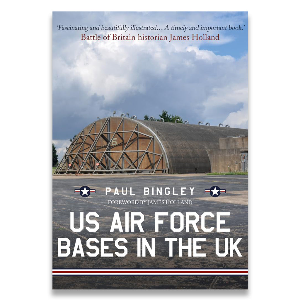 Book cover of 'US Air Force Bases in the UK' with a historical air base image.