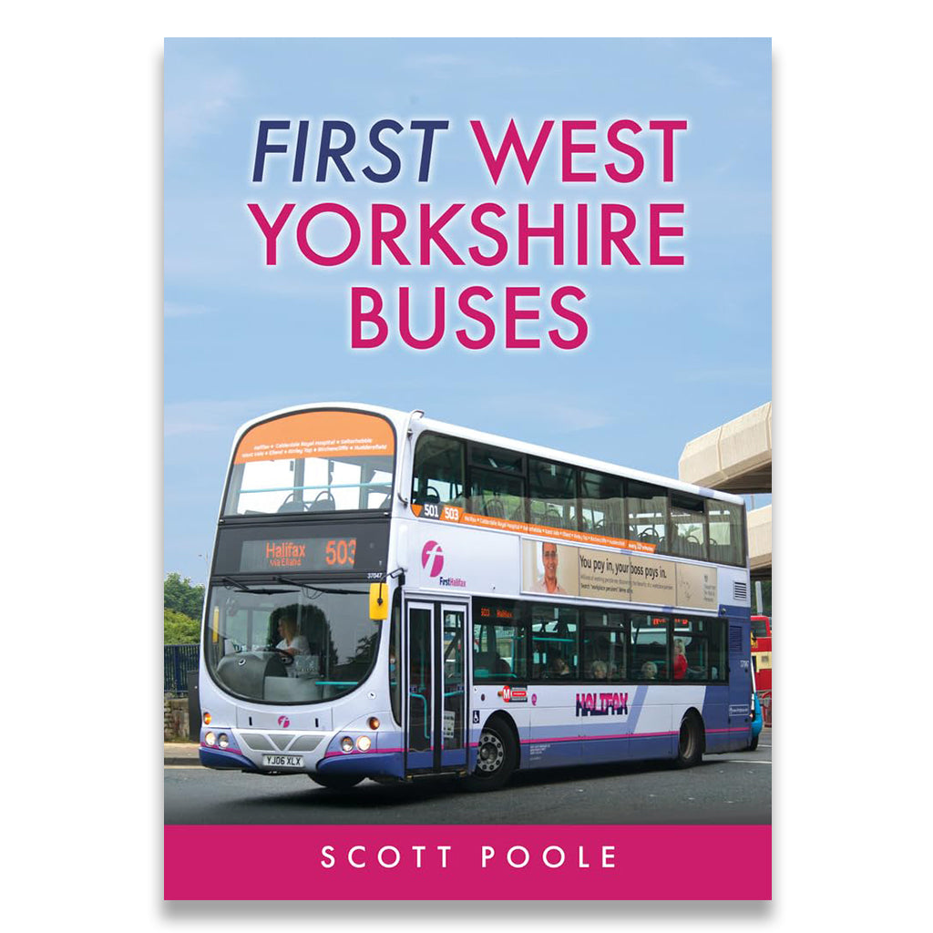 Book cover of 'First West Yorkshire Buses' with a bus and clear sky.