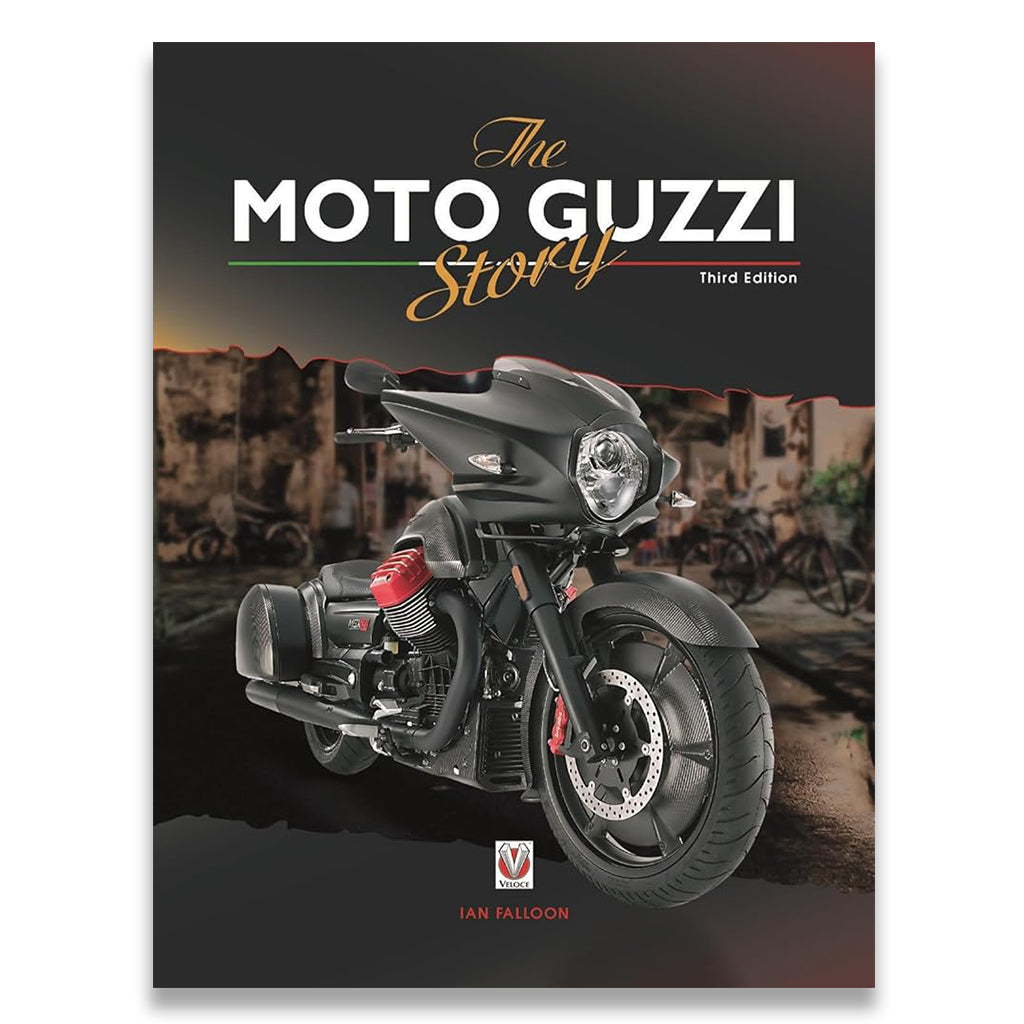 Book cover of 'The Moto Guzzi Story' with a motorcycle on a city street background.