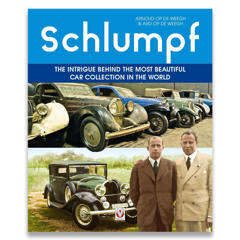Book cover of 'Schlumpf' featuring vintage cars and two men in suits.