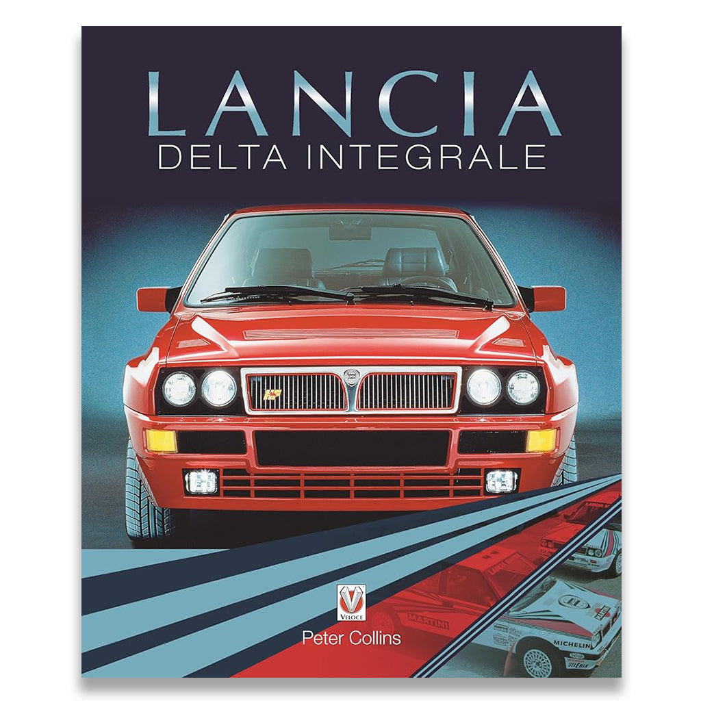 Book cover of 'Lancia Delta Integrale' with a red car on a blue background