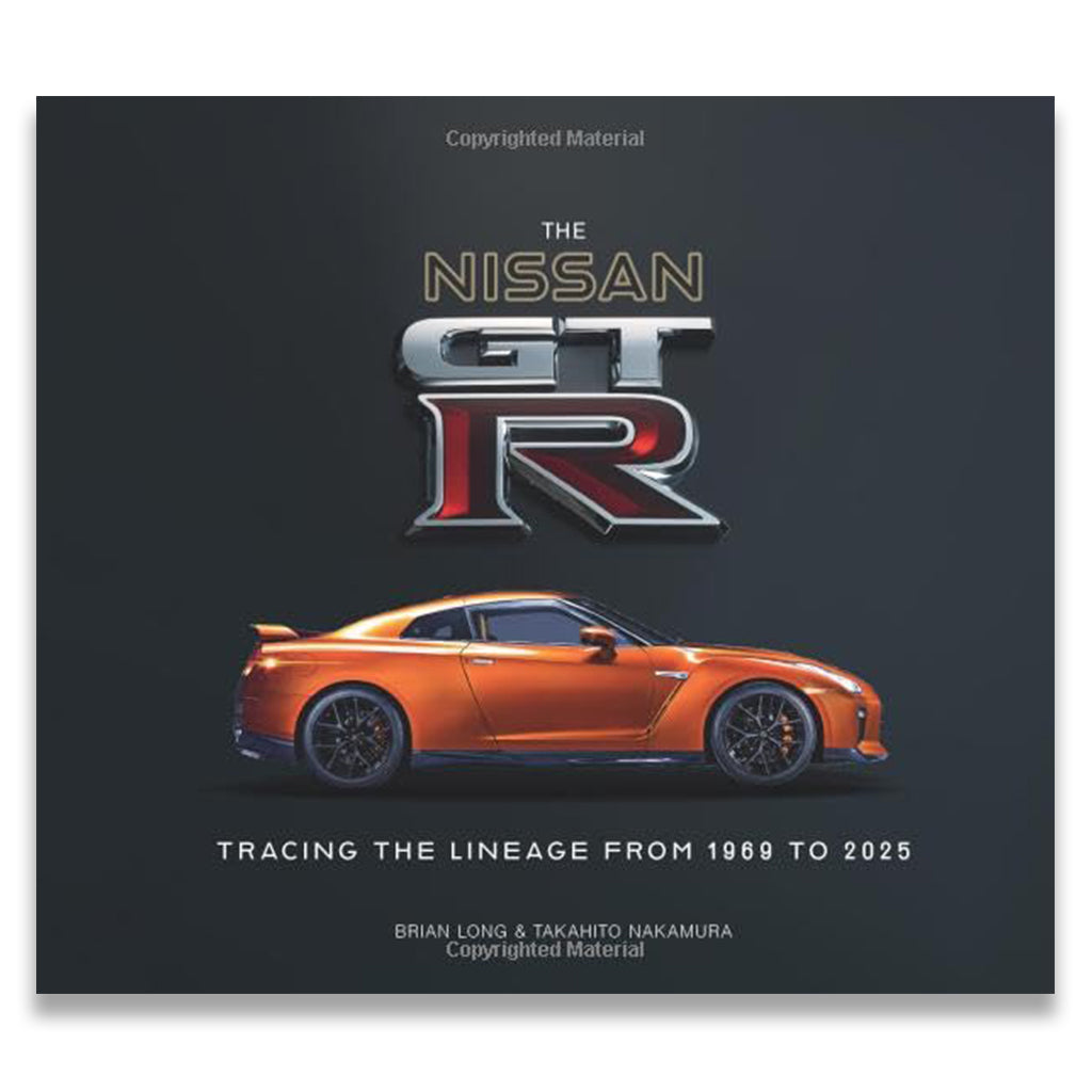 A book cover for 'The Nissan GT-R: Tracing the Lineage from 1969 to 2025' featuring a metallic orange Nissan GT-R R35 car on a dark charcoal background with large stylized GT-R lettering.