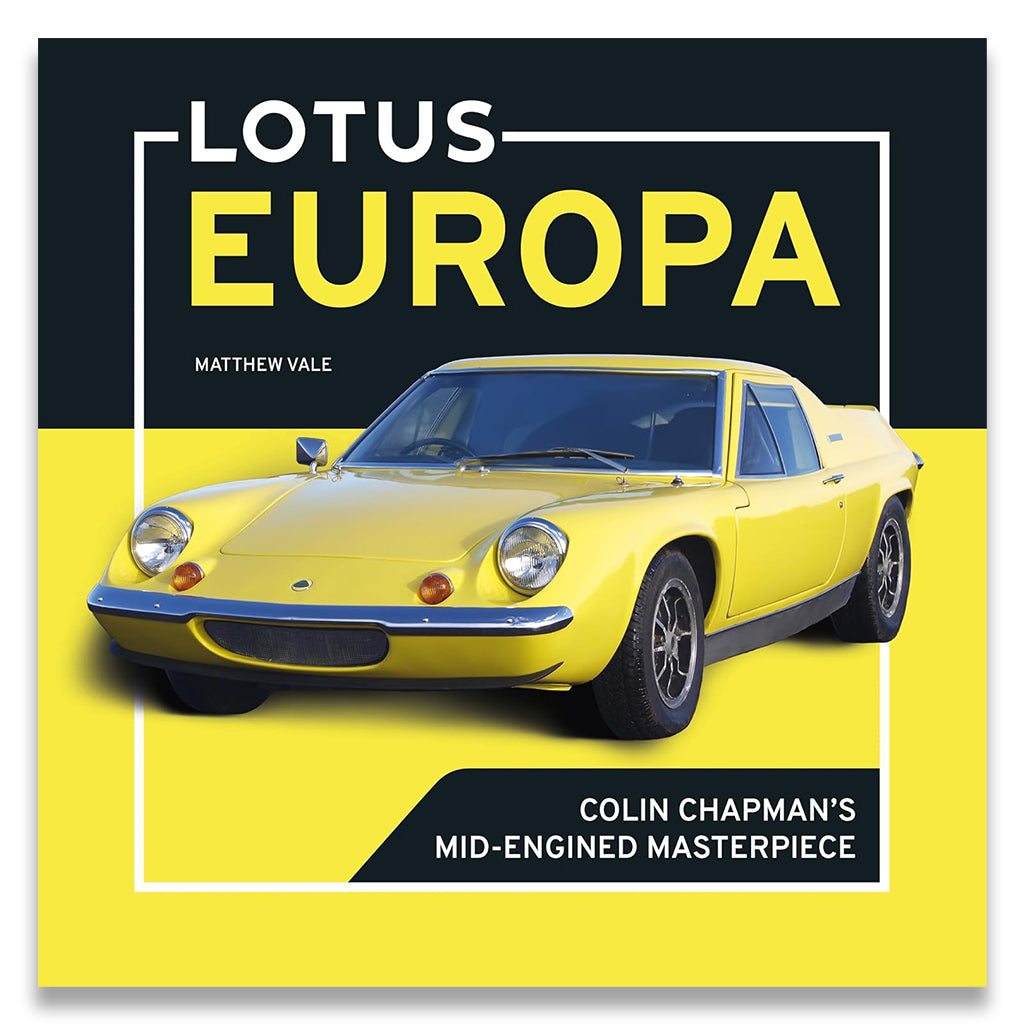 Book cover for 'Lotus Europa' by Matthew Vale, featuring a bright yellow classic Lotus Europa sports car on a split black and yellow background with bold yellow title text.