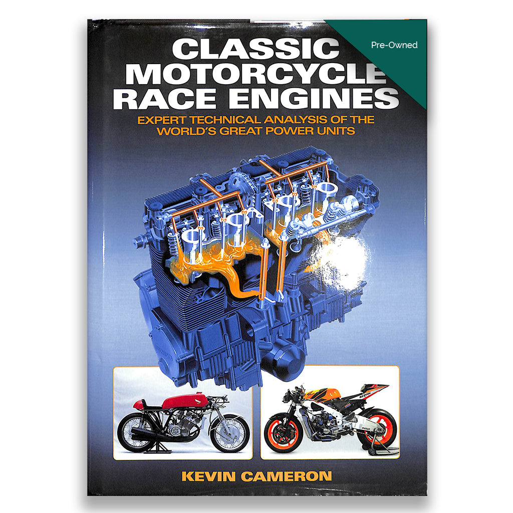 Book cover of 'Classic Motorcycle Race Engines' by Kevin Cameron with motorcycle engine illustration and branding.