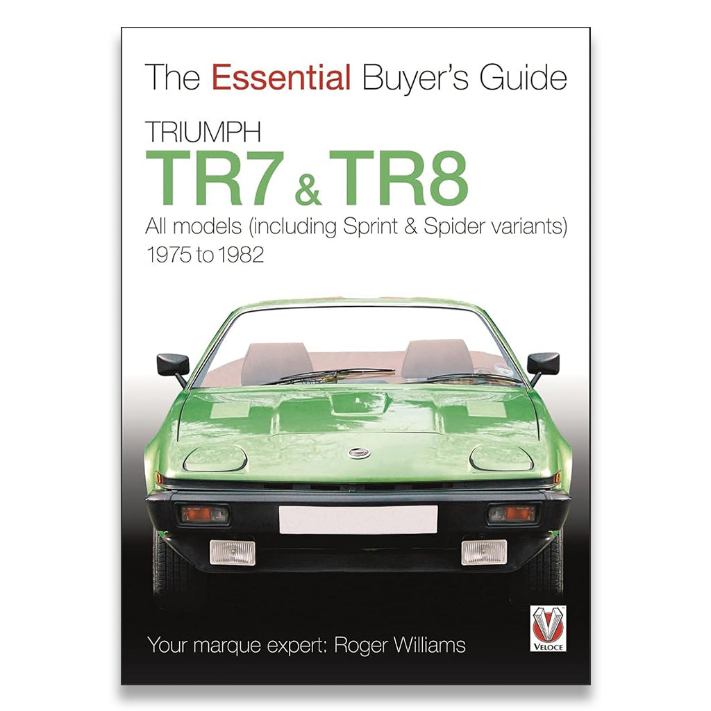 Book cover for 'The Essential Buyer's Guide: Triumph TR7 & TR8' featuring a green Triumph TR8 car on a white and black background.