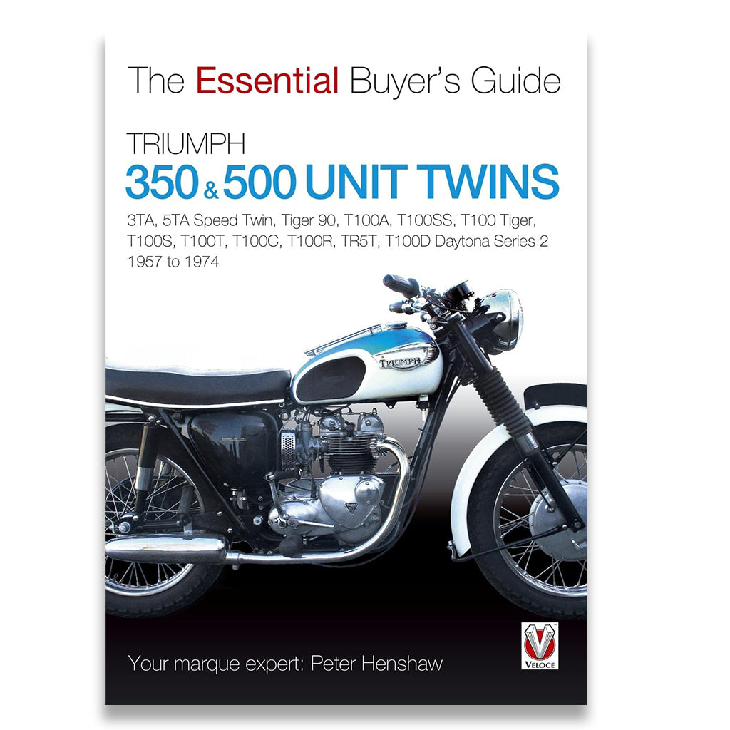 Book cover for 'The Essential Buyer's Guide: Triumph 350 & 500 Unit Twins' featuring a side profile of a vintage Triumph motorcycle on a white-to-black gradient background.