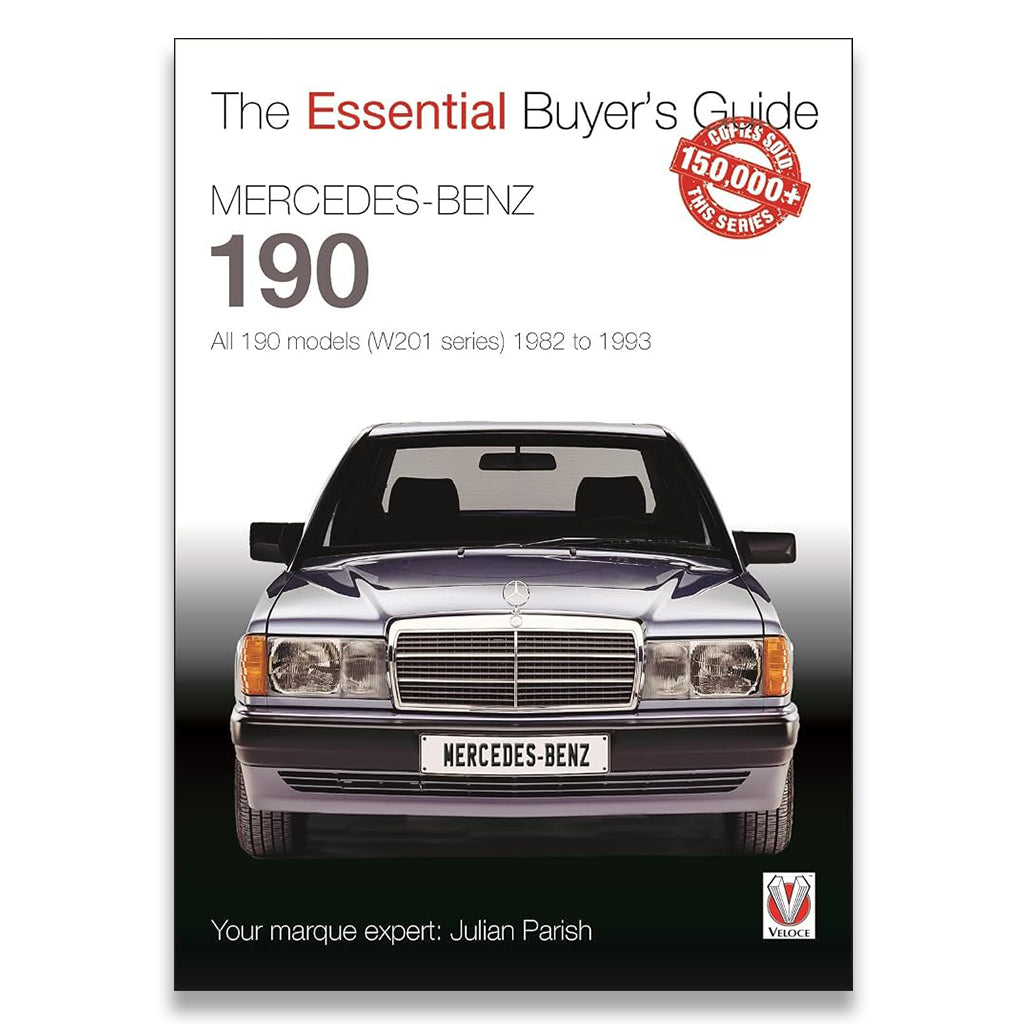 Book cover for 'The Essential Buyer's Guide Mercedes-Benz 190' featuring a front view of a dark metallic Mercedes-Benz sedan on a white-to-gray gradient background, with the Mercedes-Benz logo and a small Vicgo publisher mark at the bottom.