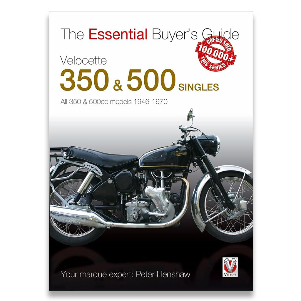 Book cover for 'The Essential Buyer's Guide Velocette 350 & 500 Singles' by Peter Henshaw, featuring a black and chrome vintage motorcycle on a white-to-gray gradient background with a red 'Starts with 100,000+ rides' badge.