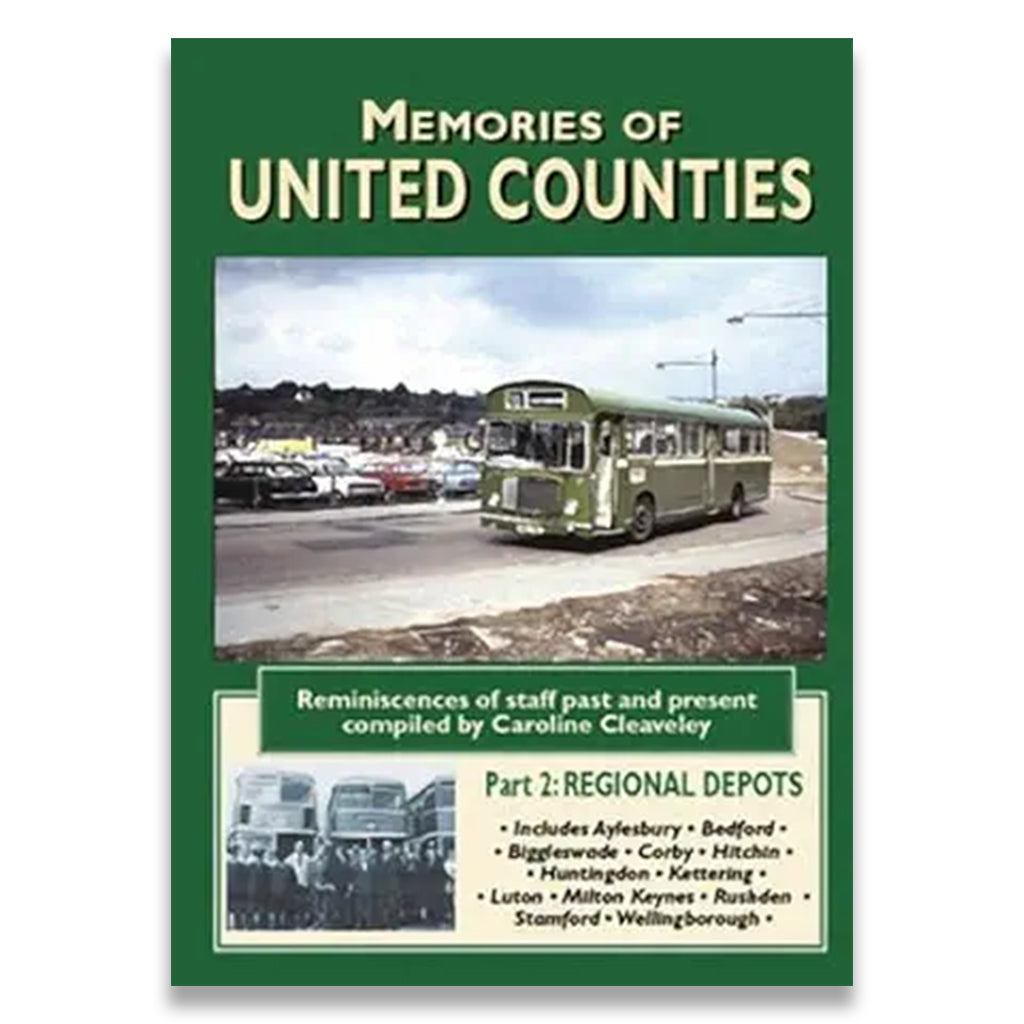 Book cover of 'Memories of United Counties' with a vintage bus image on a green background