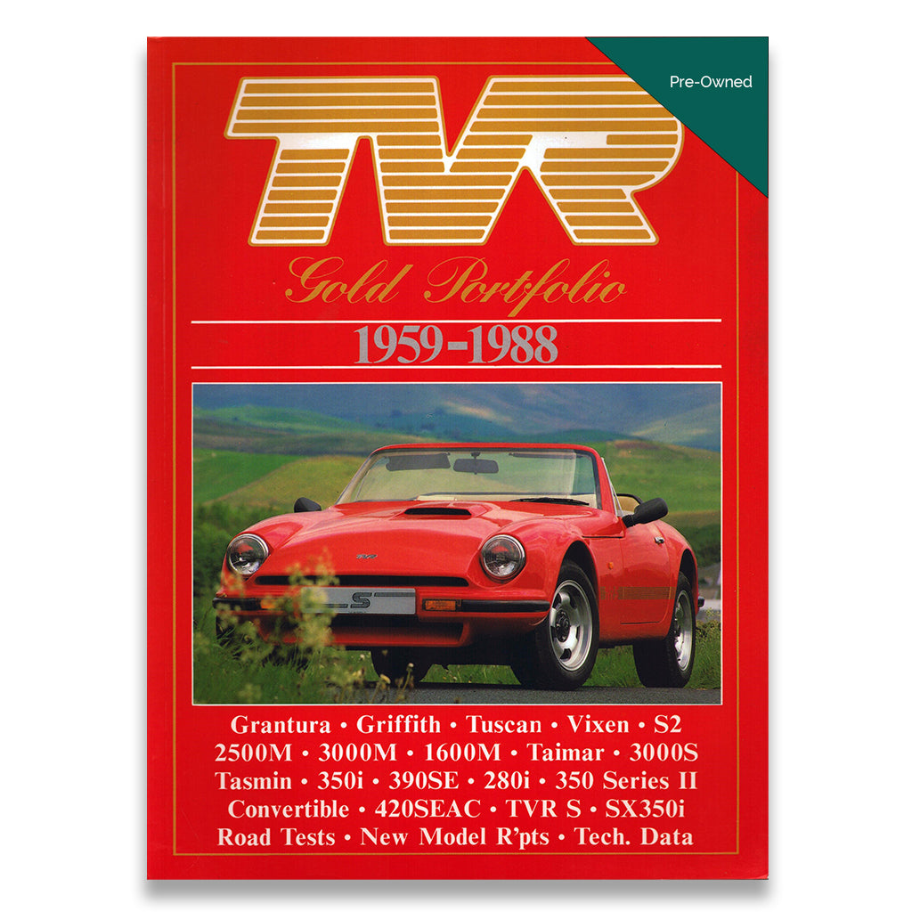 Book cover of 'TVR Gold Portfolio 1959-1988' with a red TVR car on a white background
