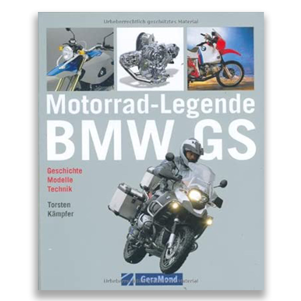 Book cover of 'Motorrad-Legende BMW GS' with images of motorcycles and text.