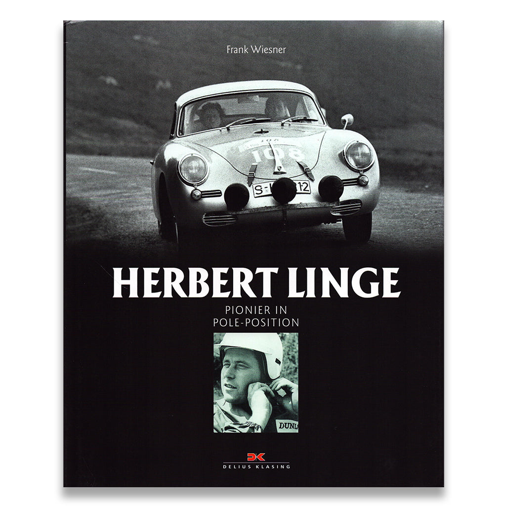Book cover with a vintage car and portrait of Herbert Linge on a black background