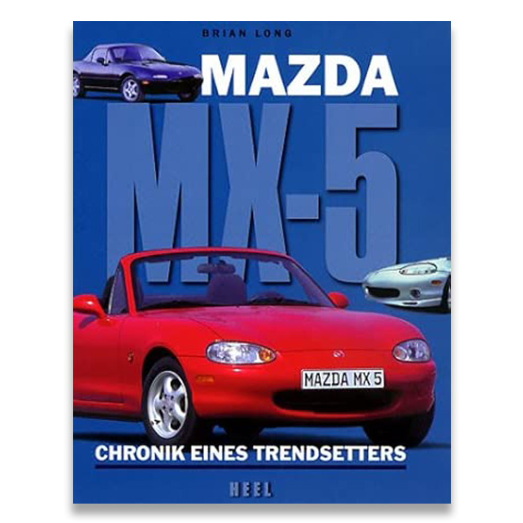 Book cover of 'Mazda MX-5' with images of cars on a blue background