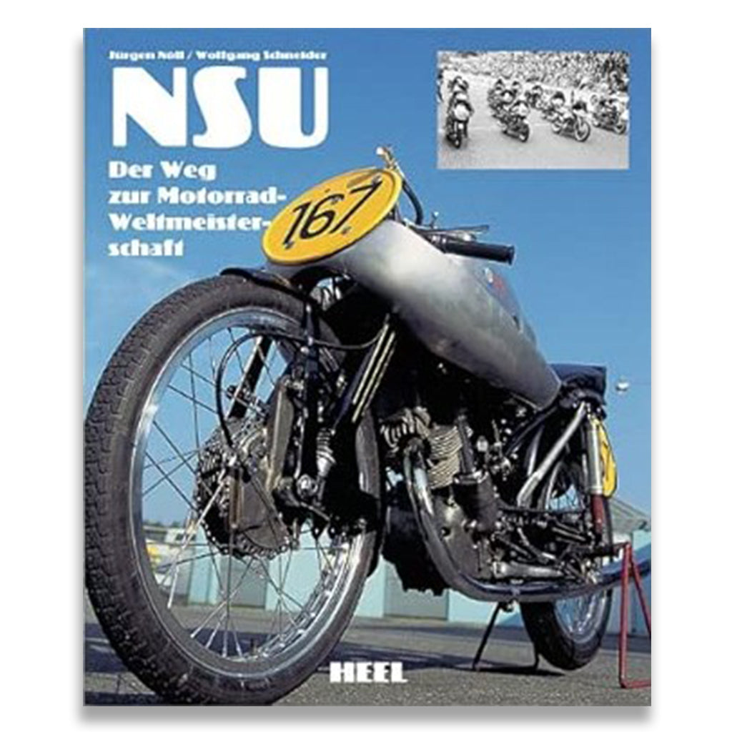 Book cover featuring a vintage motorcycle with 'NSU' branding and racing imagery.