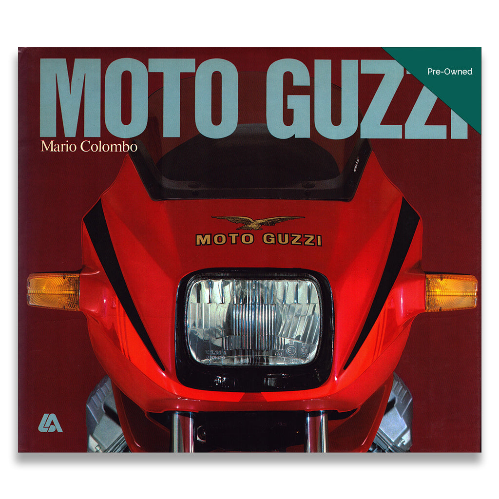 Book cover of 'Moto Guzzi' by Mario Colombo with a red Moto Guzzi motorcycle on a white background.