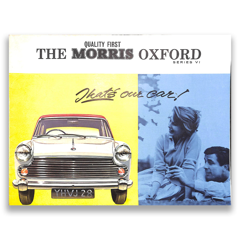 Brochure or magazine cover featuring a car and a family, with 'The Morris Oxford' branding.
