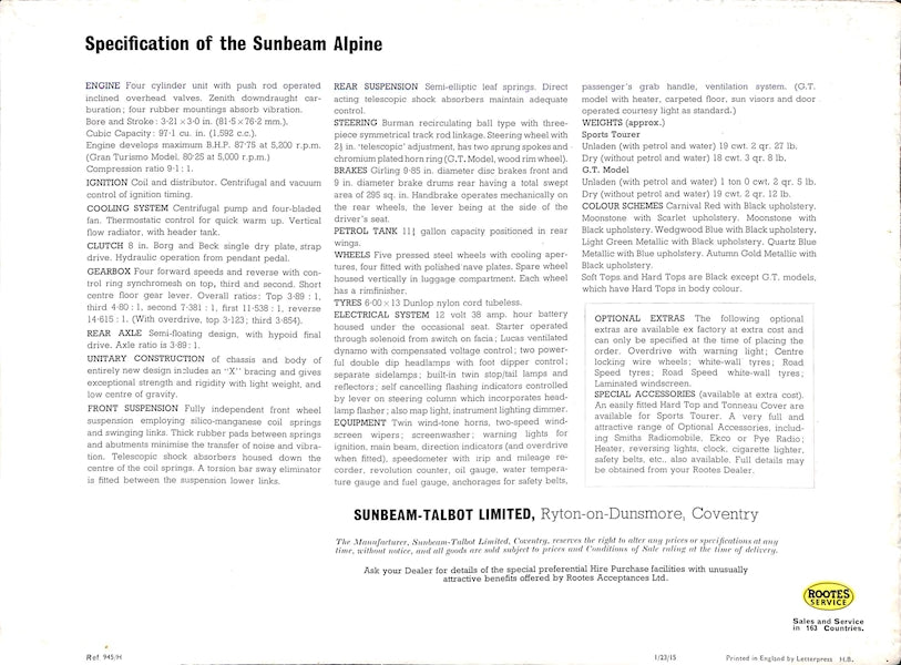 Sunbeam Alpine Series III Car Sales Brochure 945 H 1963 image 11