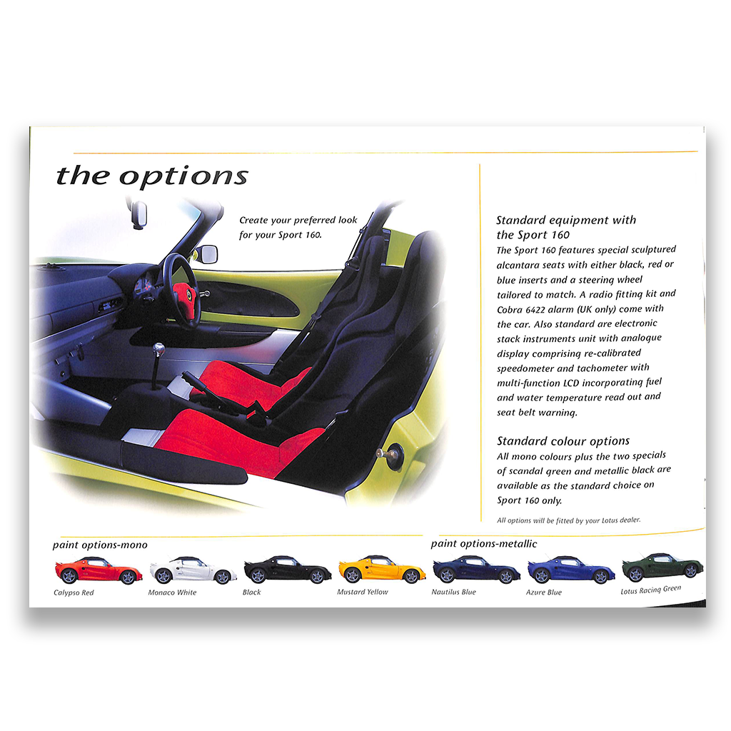 Lotus Elise S1 Sport 160 Car Sales Brochure #05009E 2000