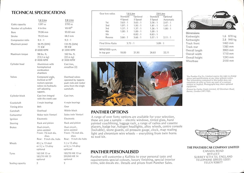 Panther Kallista Car Sales Brochure 1982 image 3