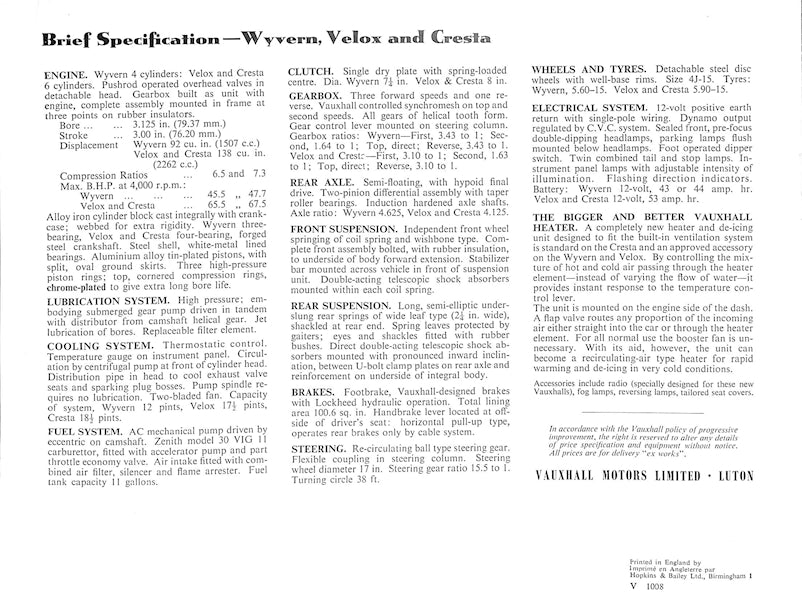 Vauxhall Wyvern, Velox &amp; Cresta Car Sales Brochure, #V1008 1954 image 7