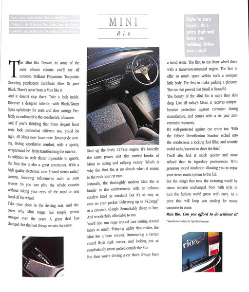 Rover Mini Rio Car Sales Brochure 1993 #4477 image 3