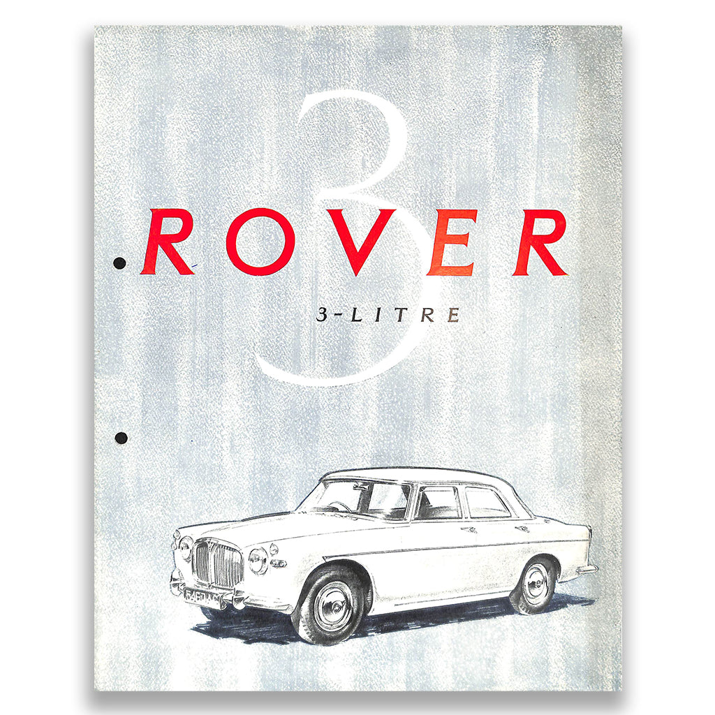 Vintage Rover 3-Litre car illustration on a textured background with 'Rover' branding.
